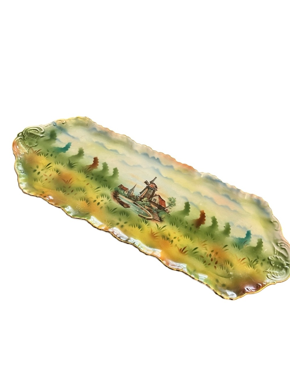 Antique Long Dutch Scene Vintage German Dresser Tray 15” Long